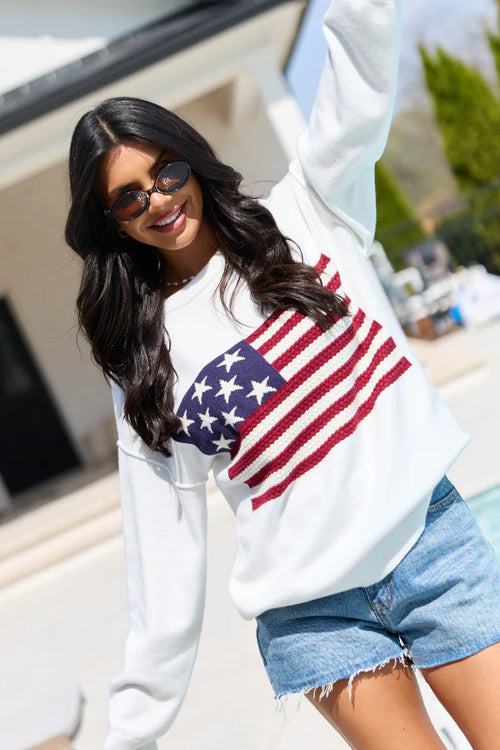 Home Of The Free Ivory Textured Flag Sweater